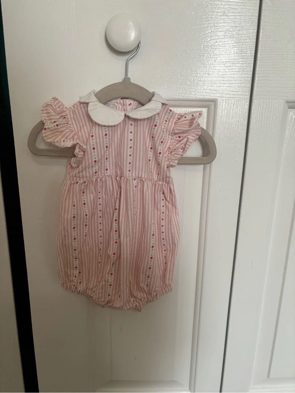 bella bliss Pink and White Striped Bubble Romper with Scallop Collar